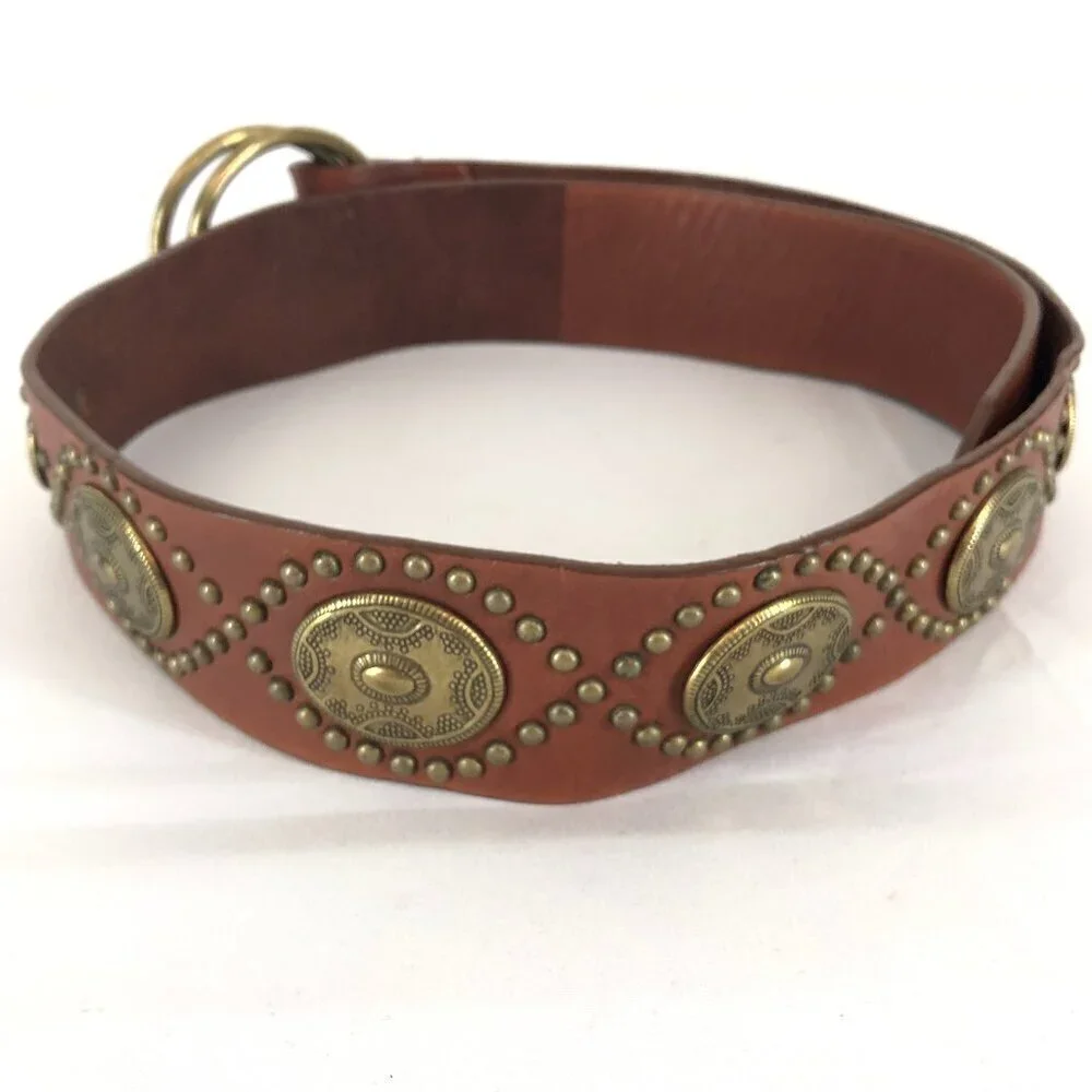 Brown Genuine Leather Belt With Gold Tone Emblems And Studs Size Small